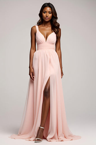 Pink A Line Chiffon Backless Long Prom Dress with Slit