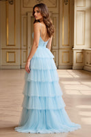 Load image into Gallery viewer, Sky Blue A Line Tulle Tiered Backless Long Prom Dress with Slit