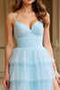 Load image into Gallery viewer, Sky Blue A Line Tulle Tiered Backless Long Prom Dress with Slit