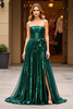 Load image into Gallery viewer, Sparkly Dark Green Satin A Line Strapless Long Prom Dress with Slit