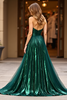 Load image into Gallery viewer, Sparkly Dark Green Satin A Line Strapless Long Prom Dress with Slit