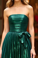 Load image into Gallery viewer, Sparkly Dark Green Satin A Line Strapless Long Prom Dress with Slit