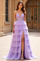 Load image into Gallery viewer, Lilac A Line Tulle Strapless Sweetheart Tiered Long Prom Dress with Slit
