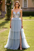 Load image into Gallery viewer, Grey Blue A Line Tulle Spaghetti Straps Tiered Long Prom Dress with Slit