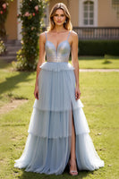 Load image into Gallery viewer, Grey Blue A Line Tulle Spaghetti Straps Tiered Long Prom Dress with Slit