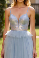 Load image into Gallery viewer, Grey Blue A Line Tulle Spaghetti Straps Tiered Long Prom Dress with Slit