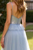 Load image into Gallery viewer, Grey Blue A Line Tulle Spaghetti Straps Tiered Long Prom Dress with Slit
