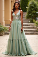 Load image into Gallery viewer, Dusty Sage A Line V-Neck Backless Long Prom Dress with Sequins