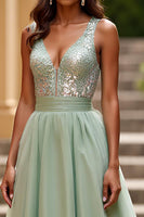 Load image into Gallery viewer, Dusty Sage A Line V-Neck Backless Long Prom Dress with Sequins