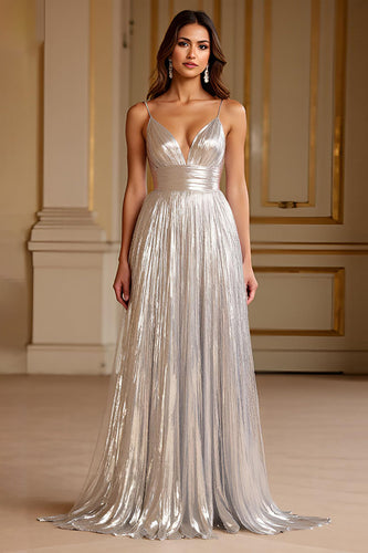 Silver A Line Deep V-Neck Spaghetti Straps Long Prom Dress