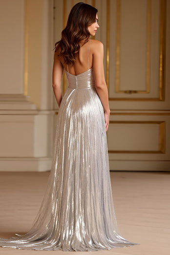 Silver A Line Deep V-Neck Spaghetti Straps Long Prom Dress