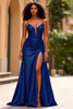 Load image into Gallery viewer, Dark Blue Sparkly Satin Long Prom Dress with Slit
