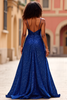 Load image into Gallery viewer, Dark Blue Sparkly Satin Long Prom Dress with Slit