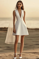 Load image into Gallery viewer, White A Line Satin V-Neck Mini Bridal Shower Dress