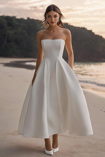 White A Line Satin Strapless Long Engagement Dress