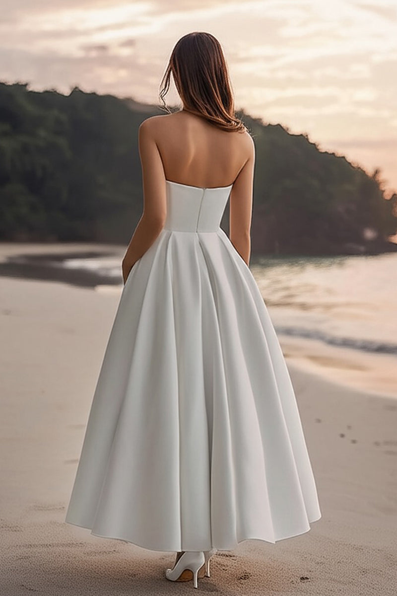 Load image into Gallery viewer, White A Line Satin Strapless Long Engagement Dress