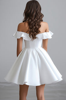 White A Line Satin Off the Shoulder Mini Graduation Dress with Ruffles