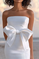 Load image into Gallery viewer, White Bodycon Satin Strapless Long Graduation Dress with Bow