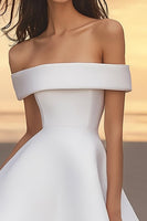 Load image into Gallery viewer, White A Line Satin Off the Shoulder Mini Graduation Dress