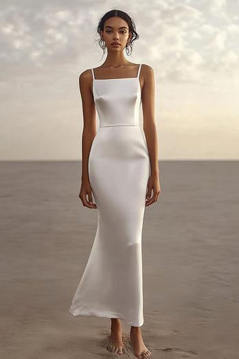 White Sheath Satin Spaghetti Straps Long Engagement Dress