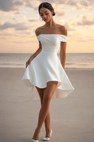 Load image into Gallery viewer, Women White A Line Satin Graduation Dress Off the Shoulder Short Engagement Dress