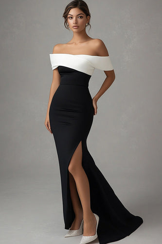 Off the Shoulder White Satin Long Black Tie Dress with Slit