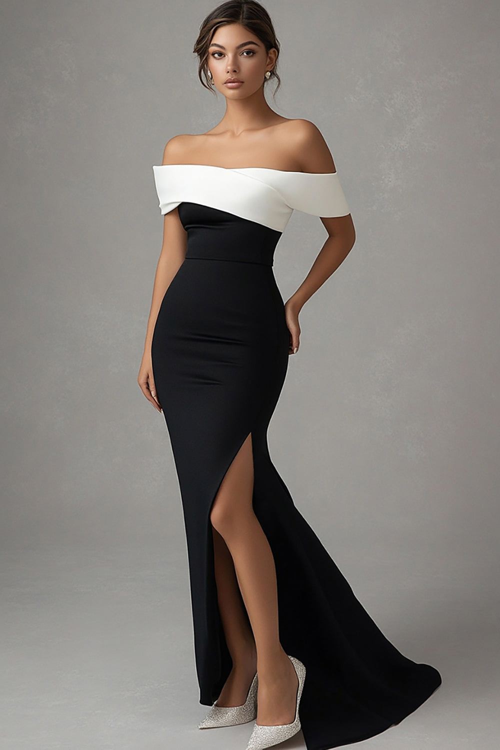 Off the Shoulder White Satin Long Black Tie Dress with Slit