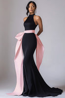 Load image into Gallery viewer, Halter Long Black Tie Dress with Pink Streamer