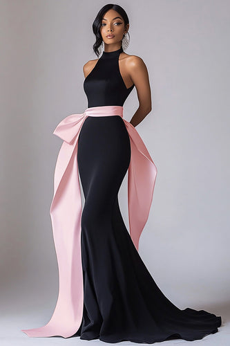 Halter Long Black Tie Dress with Pink Streamer