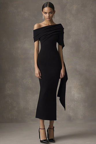 Sheath Off the Shoulder Long Black Tie Dress
