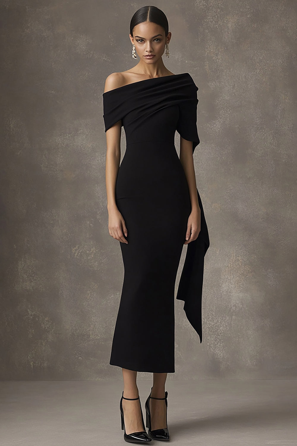 Sheath Off the Shoulder Long Black Tie Dress