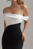Load image into Gallery viewer, White Long Off the Shoulder Sheath Black Tie Dress with Slit