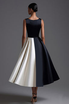 White Sleeveless A Line Long Black Tie Dress