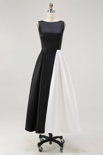 White and Black A Line Sleeveless Long Formal Dress