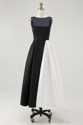White Sleeveless A Line Long Black Tie Dress