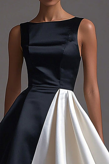 White Sleeveless A Line Long Black Tie Dress