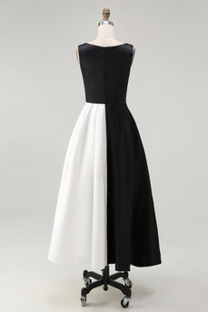 White and Black A Line Sleeveless Long Formal Dress