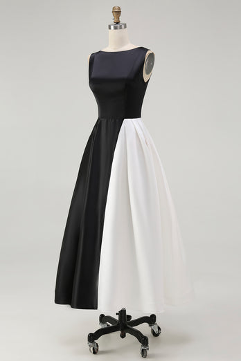 White and Black A Line Sleeveless Long Formal Dress