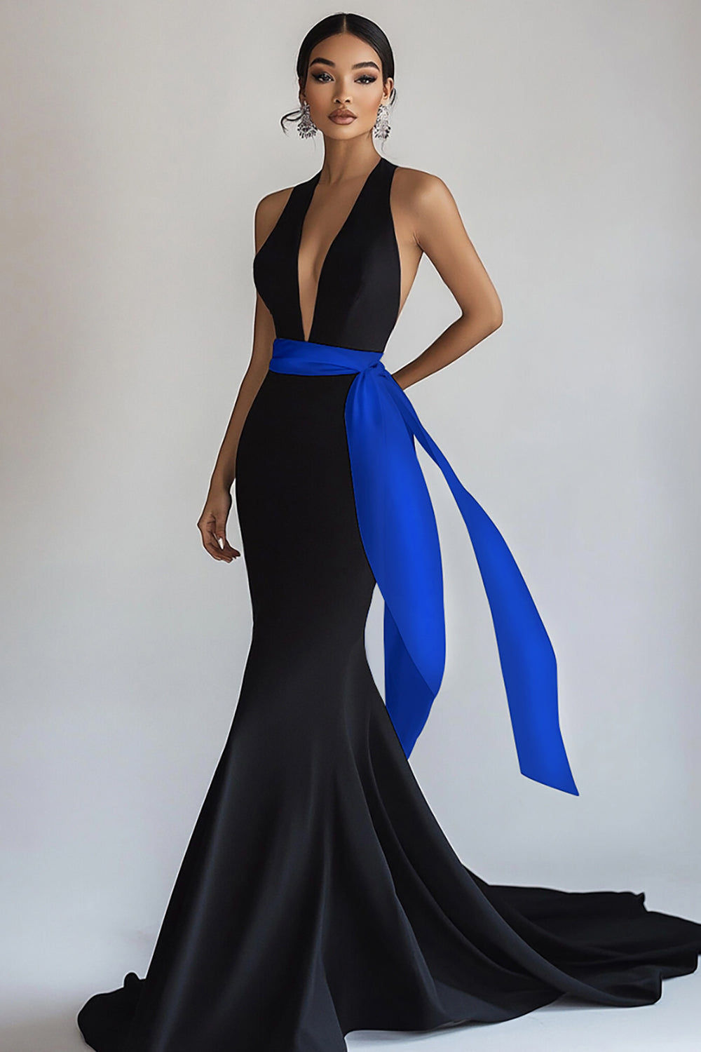 Royal Blue Sleeveless Long Deep V-Neck Black Tie Dress