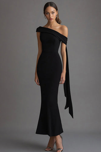 Sheath Long Streamer One Shoulder Black Tie Dress