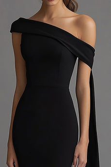 Sheath Long Streamer One Shoulder Black Tie Dress