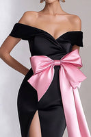 Load image into Gallery viewer, Pink Streamer Long Bowknot Black Tie Dress with Slit