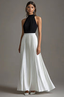 Load image into Gallery viewer, White A Line Halter Neck Long Black Tie Dress with Pleated