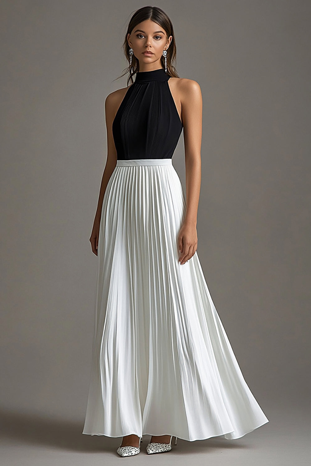 White A Line Halter Neck Long Black Tie Dress with Pleated