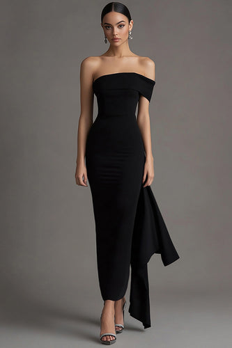 One Shoulder Sheath Long Black Tie Dress with Streamer