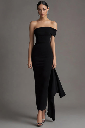 One Shoulder Sheath Long Black Tie Dress with Streamer