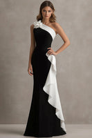 Load image into Gallery viewer, Women White One Shoulder Long Black Tie Dress with 3D Flowers Sheath Ruffled Formal Dress