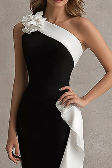 White One Shoulder Long Black Tie Dress with 3D Flowers