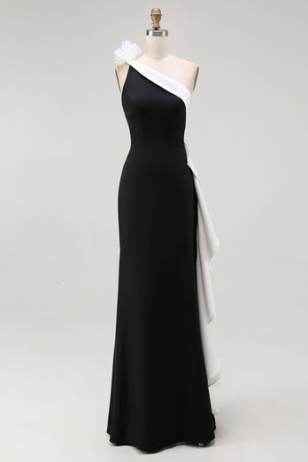 White One Shoulder Long Black Tie Dress with 3D Flowers