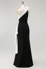Load image into Gallery viewer, White One Shoulder Long Black Tie Dress with 3D Flowers